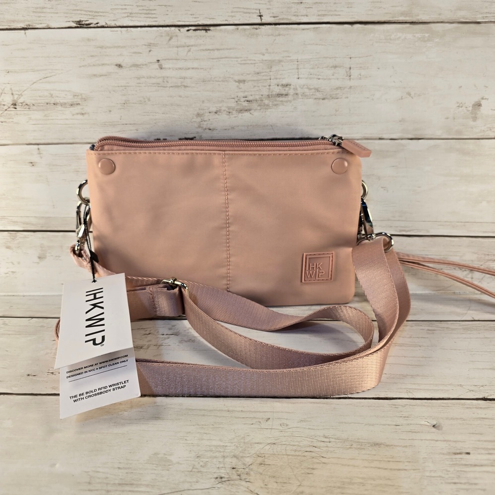 NWT IHKWIP Be Bold RFID Wristlet Crossbody Bag Blush Pink Nylon Adjustable Strap